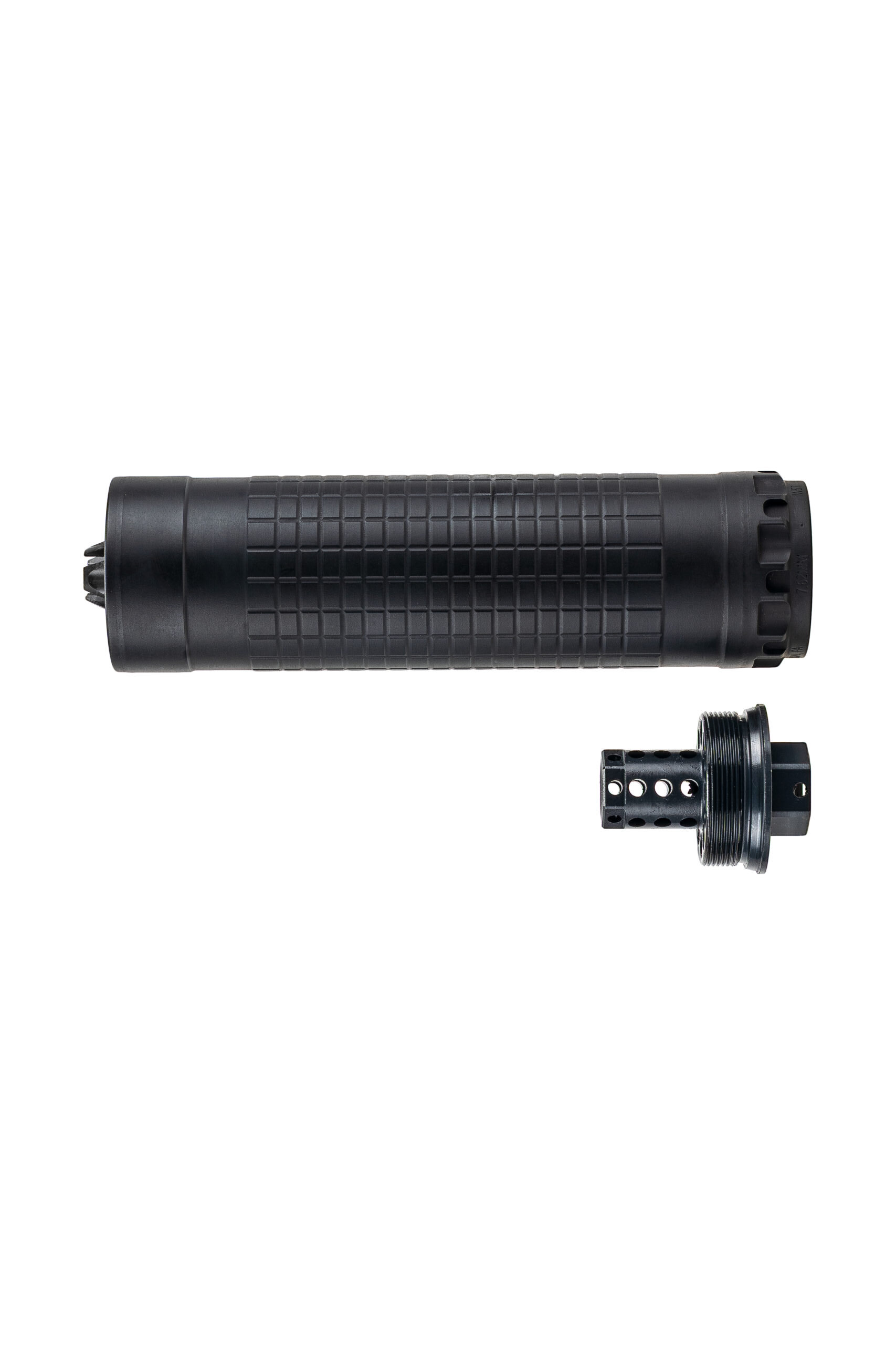 Black suppressor and mount components on white background.