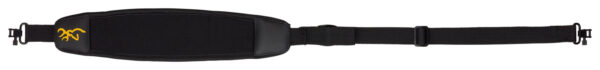 Black adjustable strap with padding and logo.