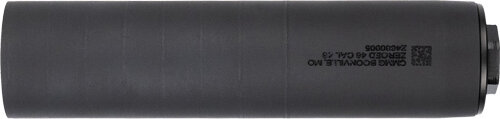 Black firearm suppressor with manufacturer details