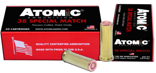 Box of .38 Special Match ammunition with cartridges.