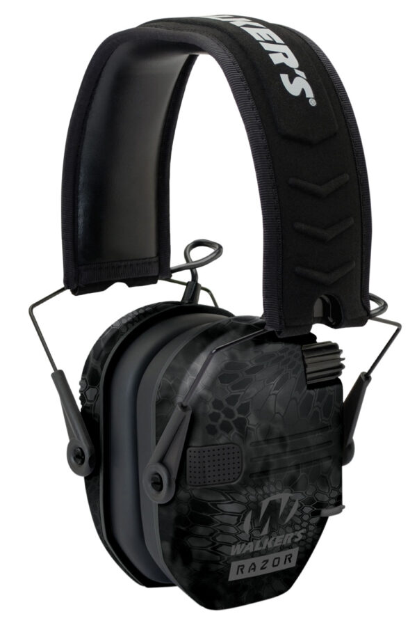 Black tactical ear protection headphones with adjustable headband.