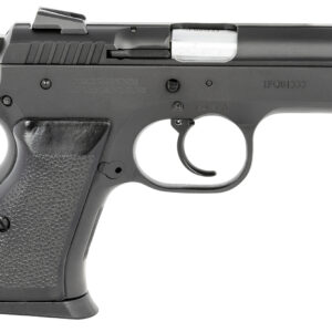 Black semi-automatic pistol on a white background