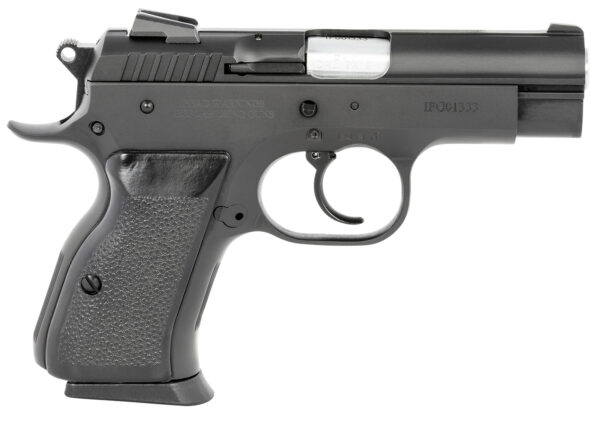 Black semi-automatic pistol on a white background