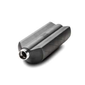 Black automotive part with a cylindrical end.