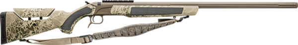 Camouflage-patterned hunting rifle with sling