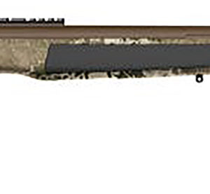 Side view of a camouflage hunting rifle.