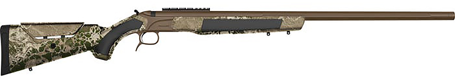 Side view of a camouflage hunting rifle.