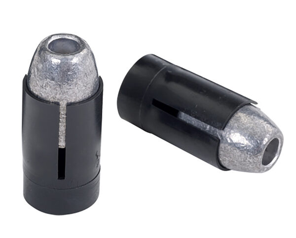 Two metallic projectiles with black casing.
