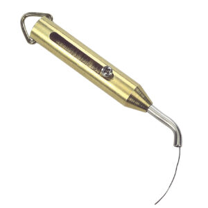 Brass dental tool with a curved metal tip.