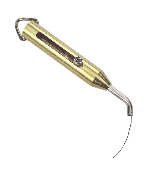 Brass dental tool with a curved metal tip.