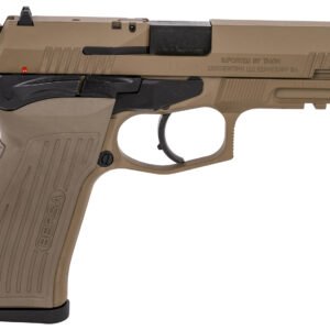 Brown semi-automatic handgun on a white background.