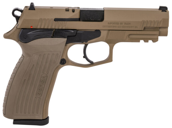 Brown semi-automatic handgun on a white background.