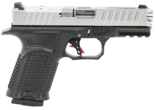 Side view of a silver and black handgun.