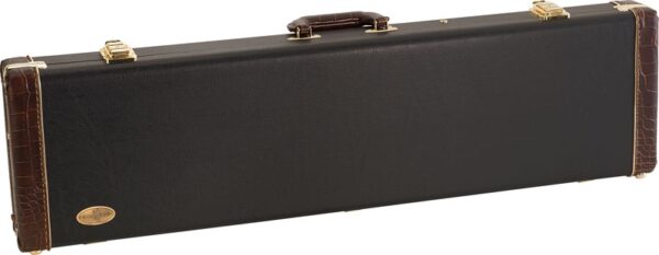 Black guitar case with brown accents and handle.