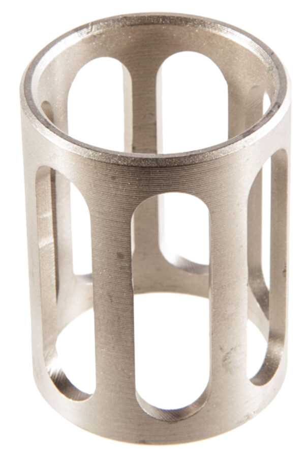 Metal cylinder with cut-out design.
