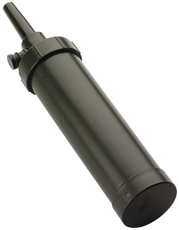 Black cylindrical device with nozzle for dispensing.