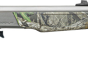 Camo-patterned hunting rifle with silver barrel