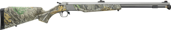 Camo-patterned hunting rifle with silver barrel