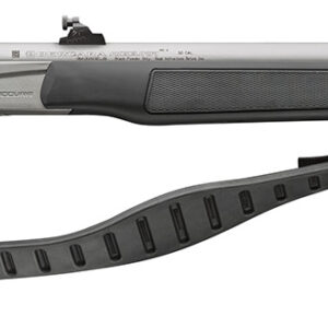 Silver and black bolt-action rifle with sling.