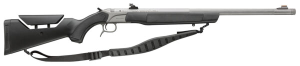 Silver and black bolt-action rifle with sling.