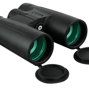 Compact black binoculars with green lenses