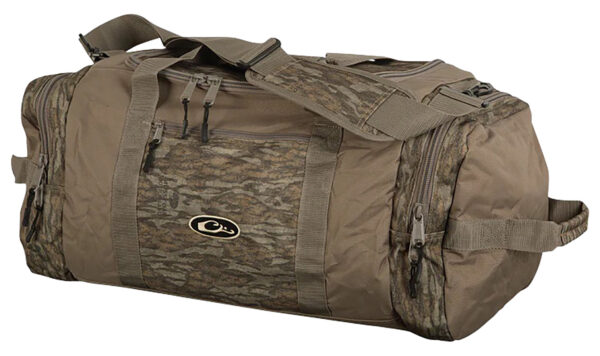 Camouflage duffel bag with multiple pockets.