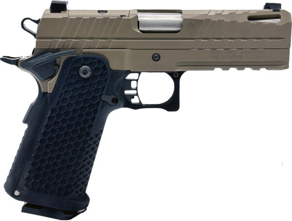 Side view of a modern handgun with textured grip