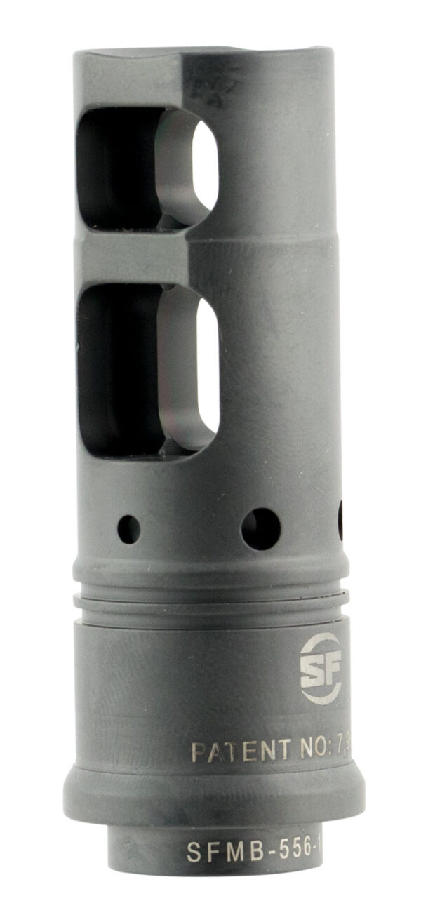 Metal muzzle brake with SF branding and patent details