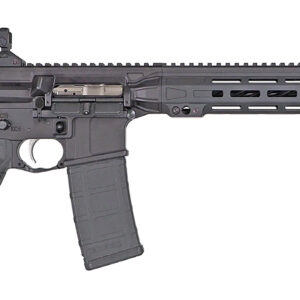 Black rifle with adjustable stock and rails.