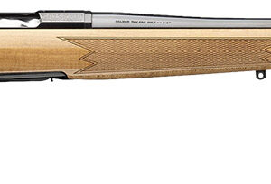 Side view of a wooden-stock rifle.