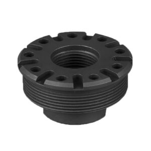 Black threaded metal fitting with bolt holes