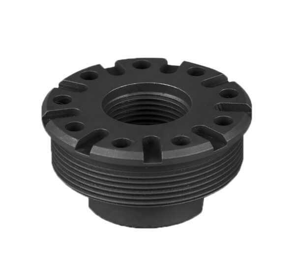 Black threaded metal fitting with bolt holes