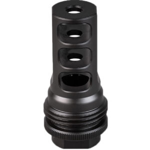Black muzzle brake with multiple vents for recoil reduction.