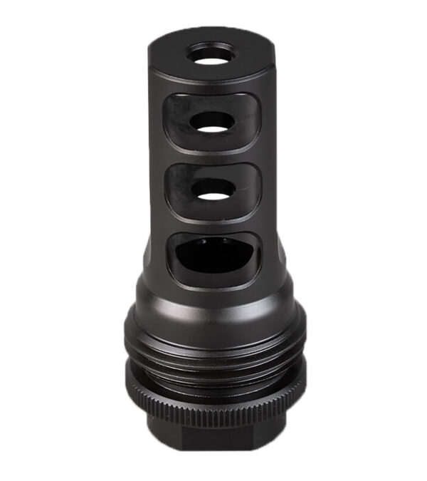 Black muzzle brake with multiple vents for recoil reduction.