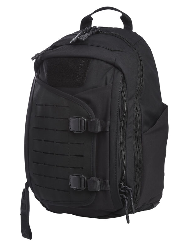 Black multi-pocket backpack with adjustable straps.