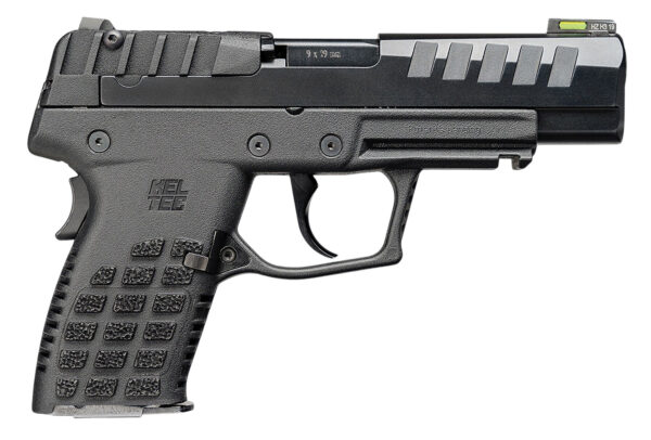 Black semi-automatic handgun on a white background