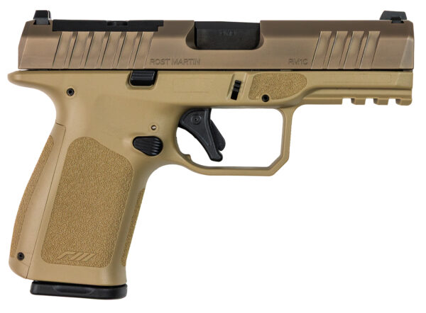 Side view of a tan semi-automatic pistol.