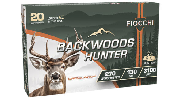 Fiocchi Backwoods Hunter ammunition box with deer image.