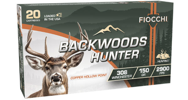 Fiocchi Backwoods Hunter ammunition box with deer image.