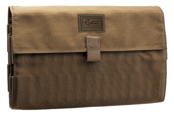 Brown tactical pouch with secure closure.
