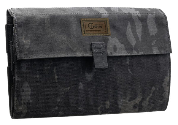 Black camouflage tactical pouch with strap.