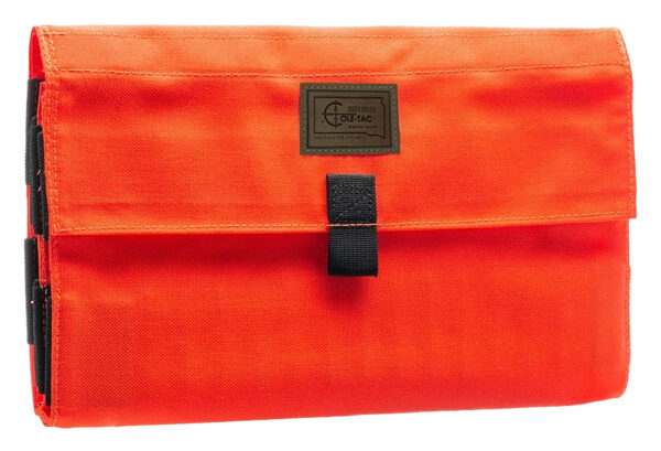 Bright orange tactical pouch with secure closure.