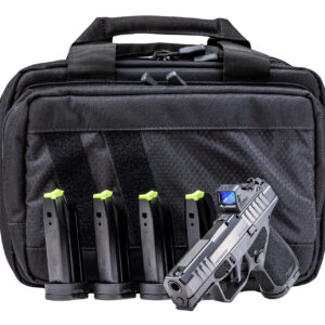 Handgun and magazines in a black carrying case.