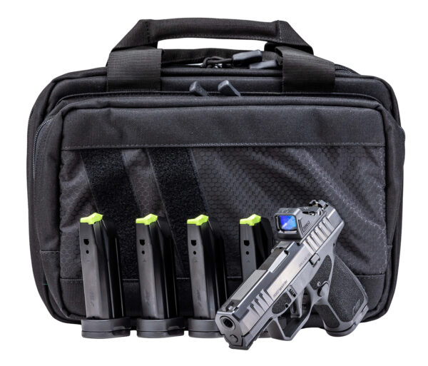 Handgun and magazines in a black carrying case.