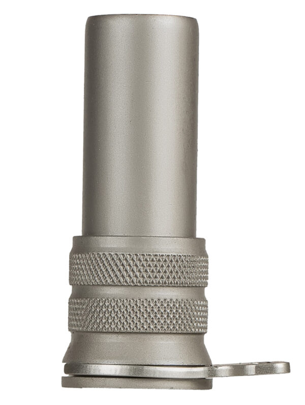 Metallic connector with textured grip detail.