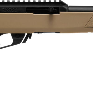 Side view of a tan rifle with black details.