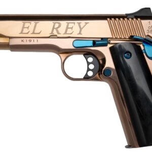 Bronze and black handgun with engraved text.