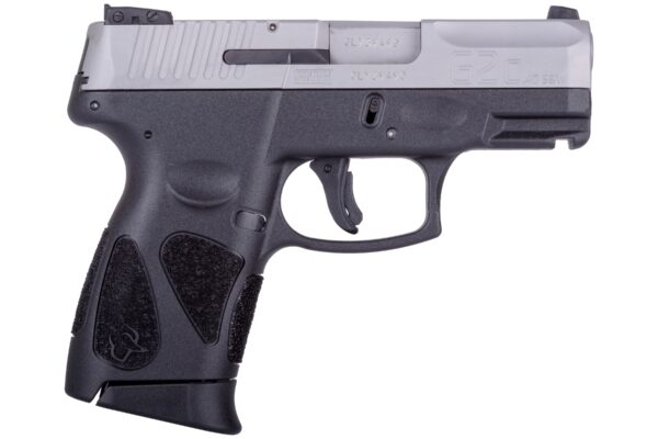 Black and silver semi-automatic handgun, close-up view.