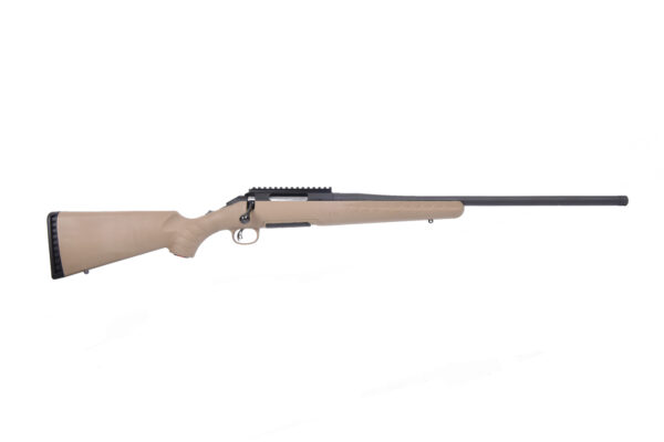 Side view of a tan hunting rifle.
