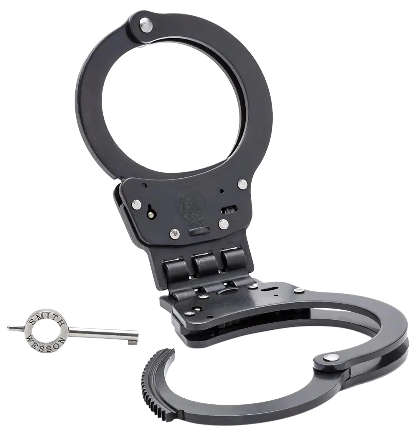 Black handcuffs with key for security use.